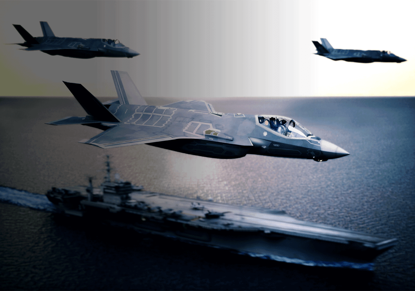 picture of three fighter jets flying over an aircraft carrier